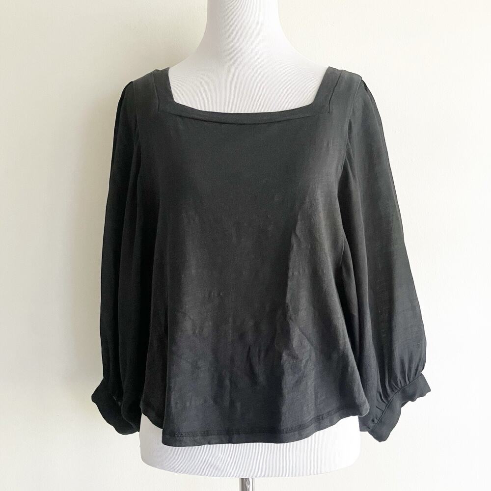 Anthropologie Akemi + Kin XS Top Black Balloon 3/4 Sleeves Square Neck Blouse